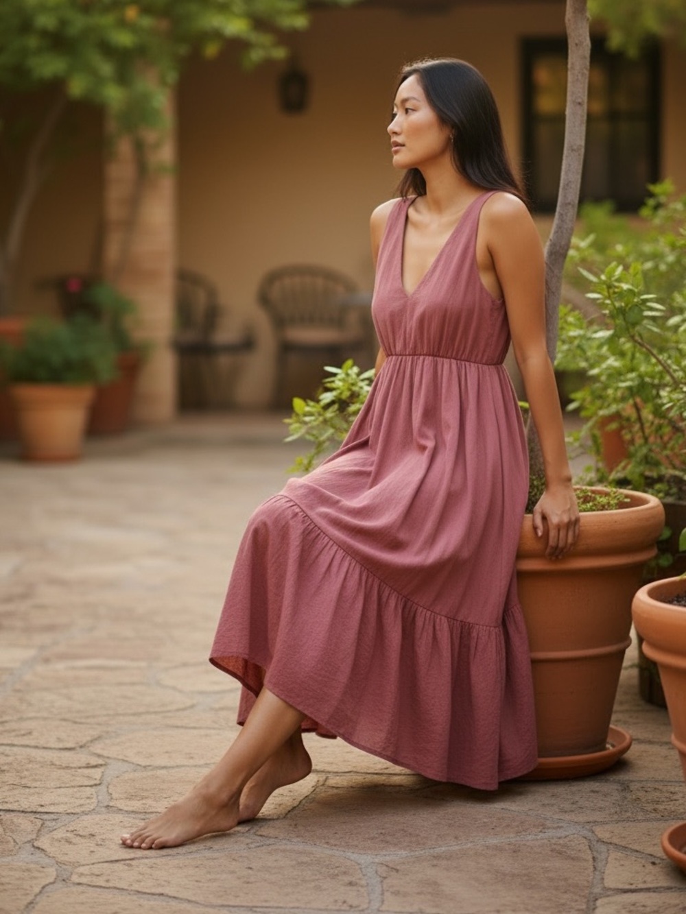 BCBGMAXAZRIA Dusty Rose Ruffle Midi Dress Boho Romantic XS